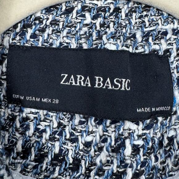 Zara Basic Boucle Blue White Tassel Patch Pockets Button Up Tweed Jacket Size M - Picture 4 of 8
